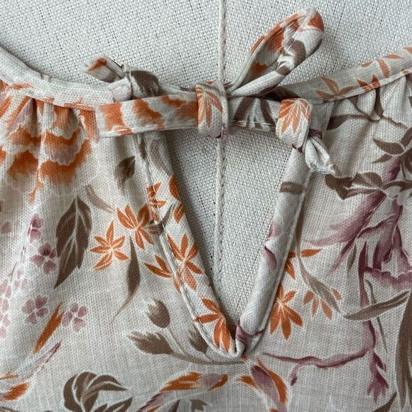 Vintage 70s Peasant Style Short Sleeve Top Keyhole Tie Floral Birds Brown Orange - Picture 5 of 7